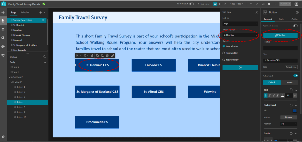 Setting links between buttons and pages in ArcGIS Experience Builder