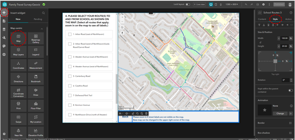 ArcGIS Experience Builder interface showing the process of adding a Map Widget and customizing the app layout